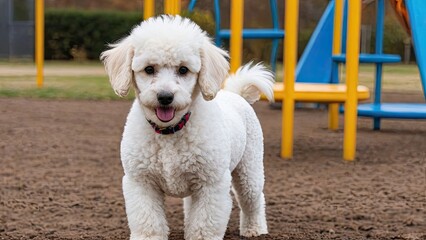 White poodle dog in the playground