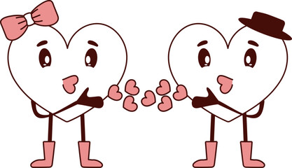Cartoon Heart Couple Flying Kiss Each Other In Flat Style.