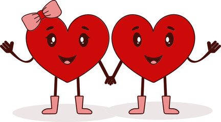 Cartoon Heart Couple Holding Hand Vector In Red And Brown Color.