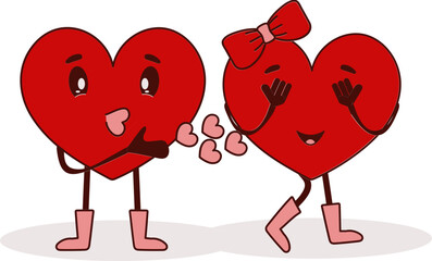 Cartoon Heart Passing Flying Kiss To Lover In Red And Brown Color.