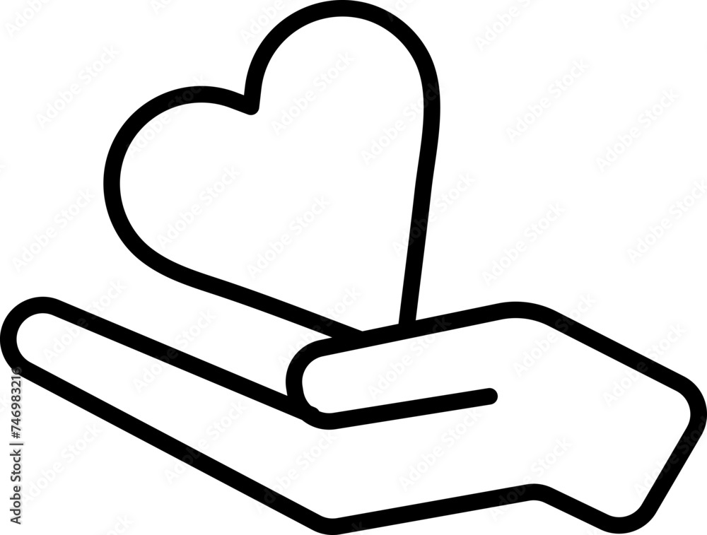 Poster illustration of heart on hand line icon in flat style.