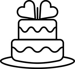 Heart Decorated Cake Icon in black thin line art.