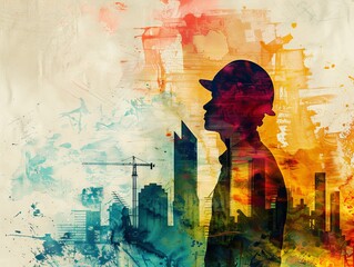 Silhouette of an engineer merged with a vibrant construction site, future buildings ascending in the background