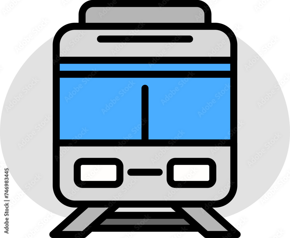 Sticker flat style train icon in blue and gray color.