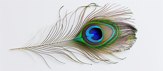 Naklejka premium A peacock feather featuring a blue 'eye' surrounded by a white 'iris' on a background of natural violet and white colors, resembling a stunning hair accessory.