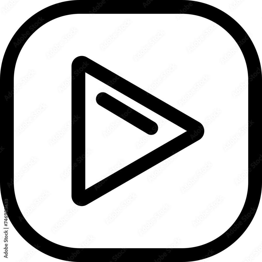 Poster thin line art play button on square background.