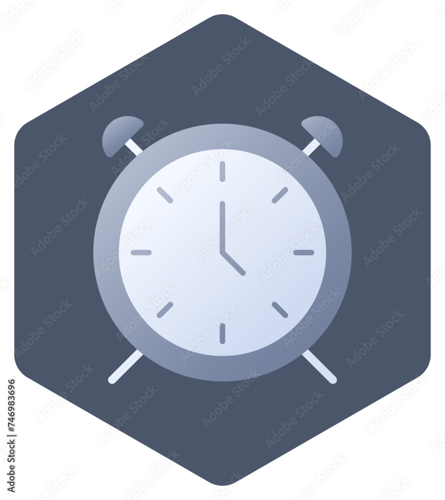 Poster alarm clock icon or symbol isolated on hexagonal shape.
