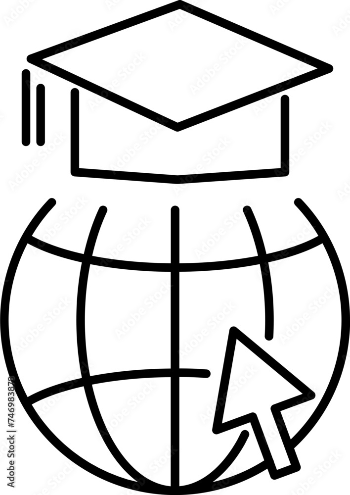 Poster graduation cap with globe and cursor arrow icon in thin line art.