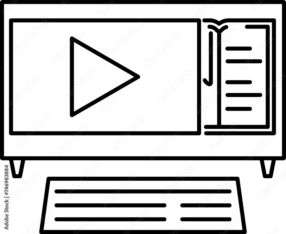 Poster line art play e-book in monitor screen and keyboard icon for online learning.
