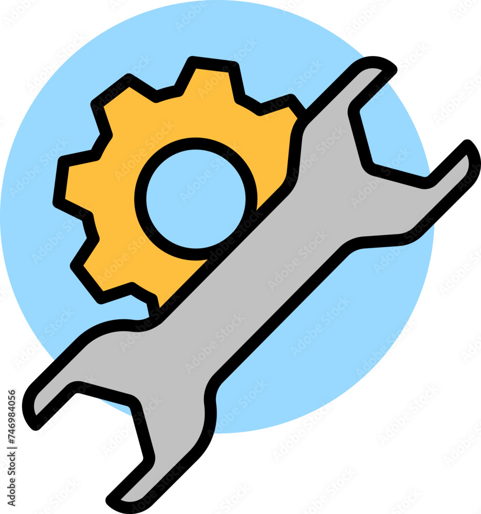 Poster setting cogwheel and wrench icon in yellow and gray color.