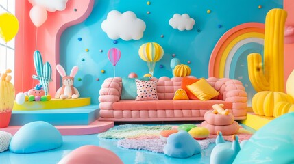 A whimsical array of playful characters frolic amidst a soft pop-art backdrop - obrazy, fototapety, plakaty