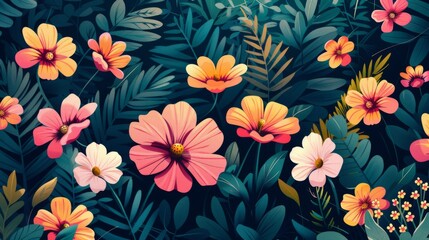 A whimsical garden blooms on this soft pop-art wallpaper - obrazy, fototapety, plakaty