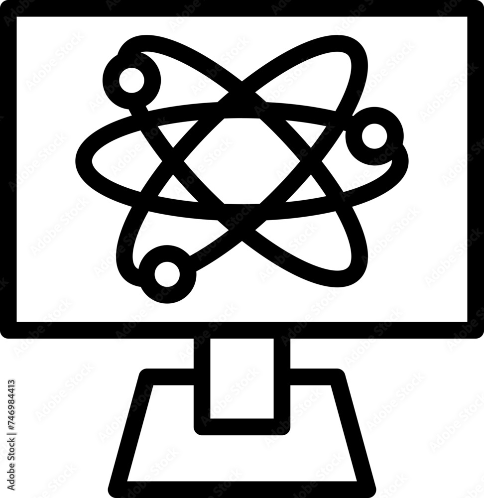Poster atomic model in display screen icon in line art.