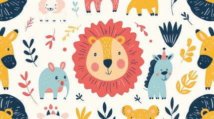 Soft pop-art wallpaper adorned with whimsical animal illustrations