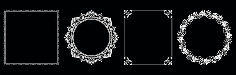Set of decorative frames Elegant vector element for design in Eastern style, place for text. Floral black and white borders. Lace illustration for invitations and greeting cards.