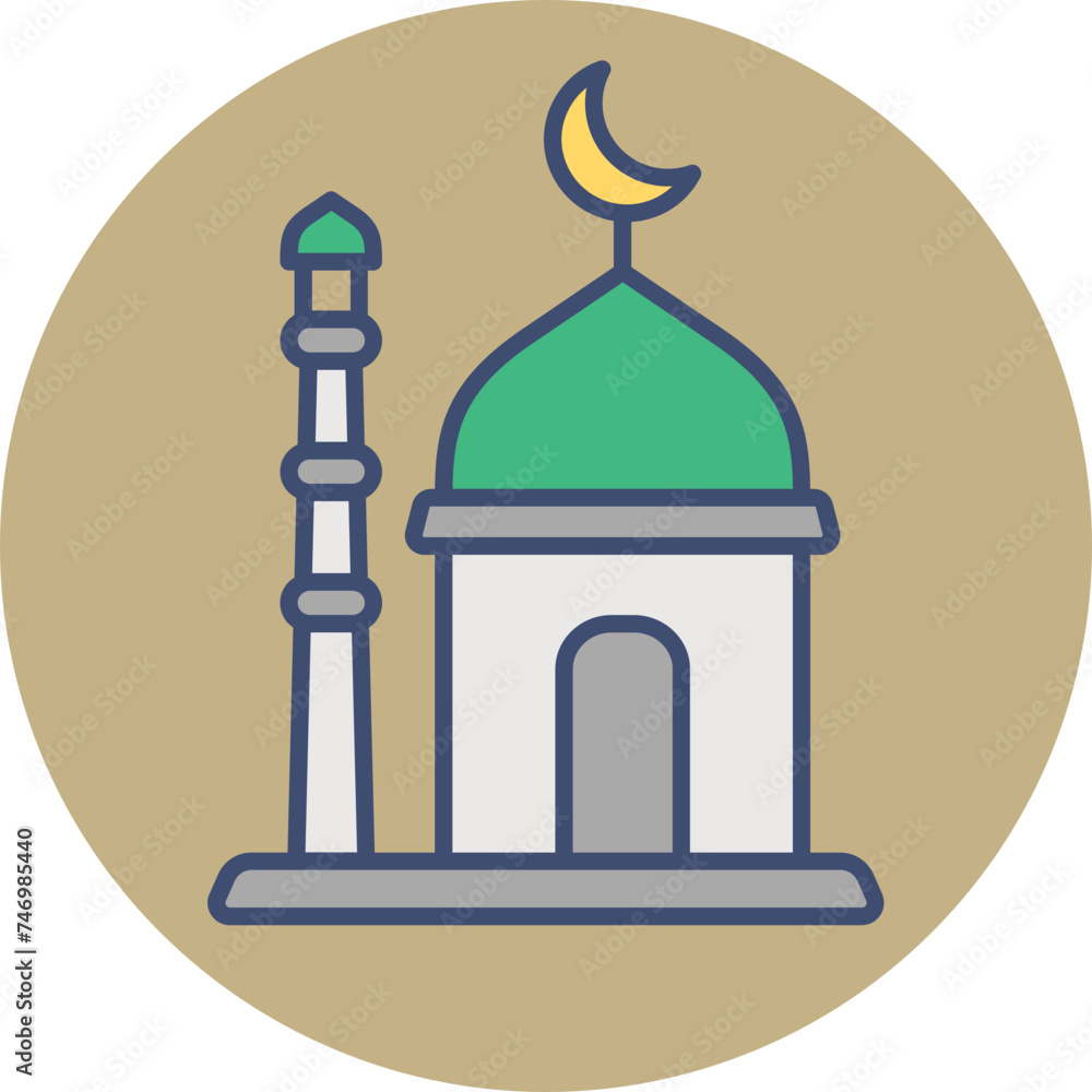 Wall mural Mosque Minaret icon on brown circle background.