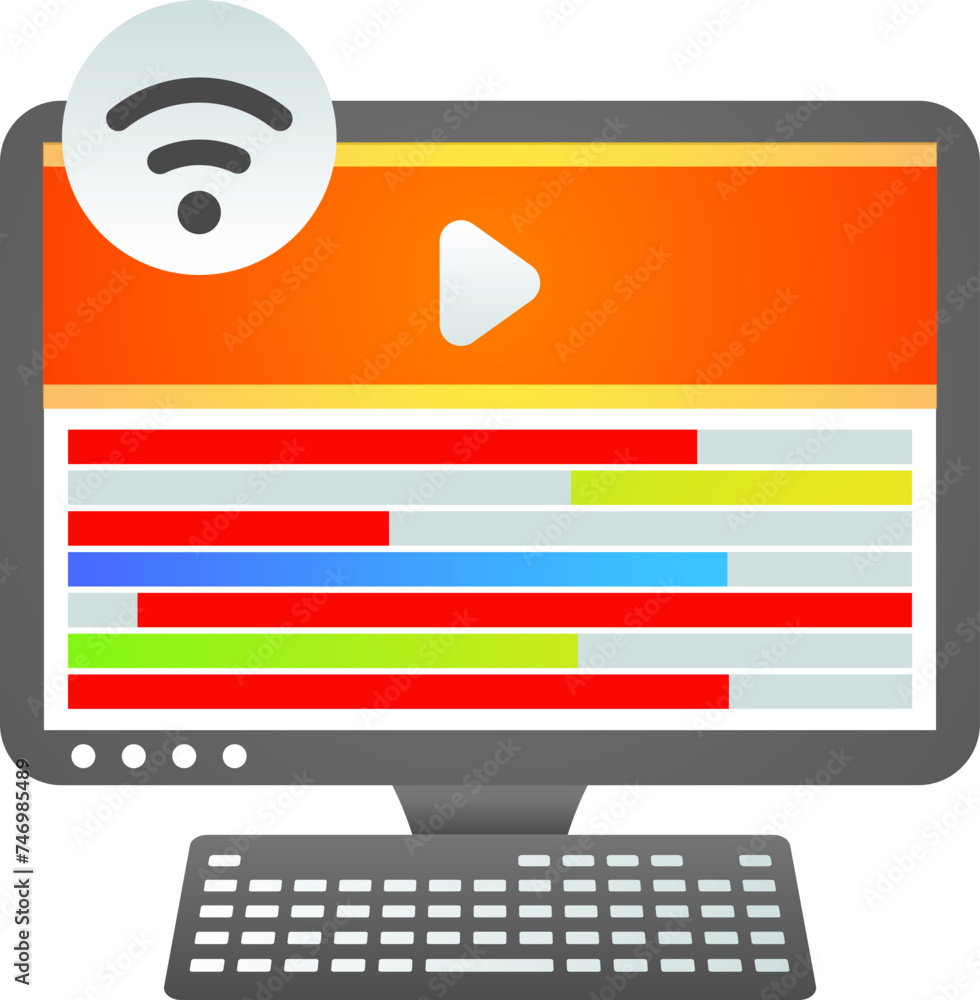 Aufkleber online video play computer with connected wifi icon in flat style.