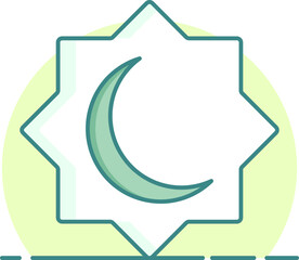 Flat style Crescent Moon on Rub El Hizb icon or symbol.