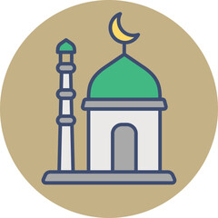 Mosque Minaret icon on brown circle background.