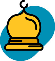 Yellow Mosque minaret icon on blue circle background.