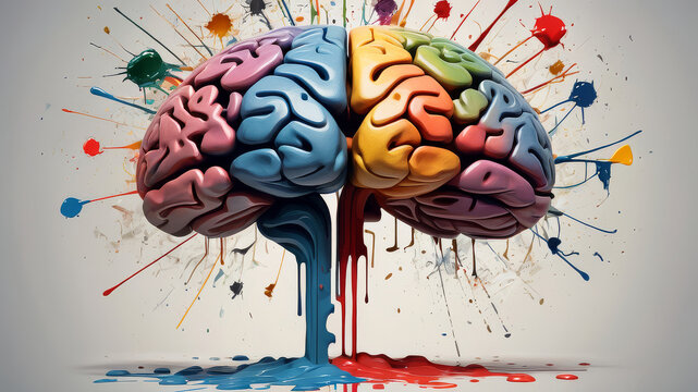 Left right human brain concept. Creative part and logical part with social and business part. Creative art brain explodes with paint splatter. Mathematical successful mindset with formulas	