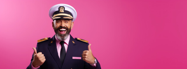 ship captain on a pink background making a gesture that everything is ok