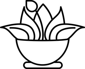 Flower bud with leaf plant in pot line art icon.