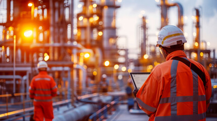 Industrial Engineer Inspecting Plant with Laptop at Dusk