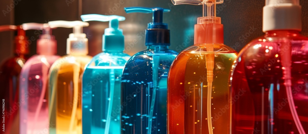Poster a row of vibrant glass bottles containing liquid soap solutions is neatly arranged, resembling a col