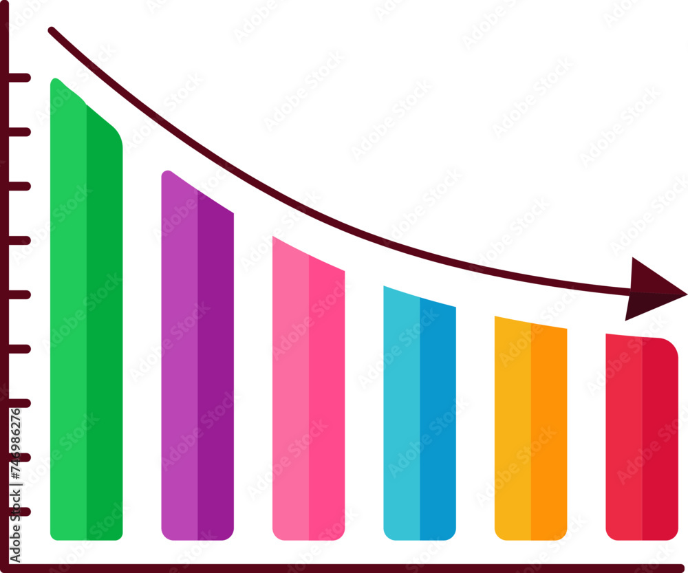 Poster vector illustration of colorful down bar graph with arrow.