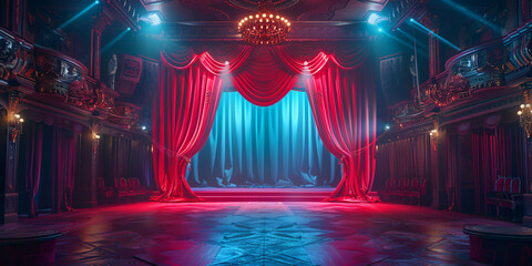 Theater stage with elegant red velvet curtains.
