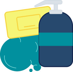 Soap bar with Foam and Pump Bottle icon in blue and yellow color.