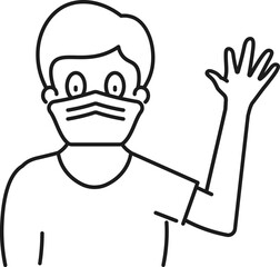 Stop hand showing man with wear face mask icon in line art.