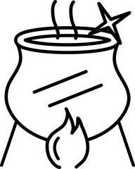 Magic pot on fire icon in black line art.