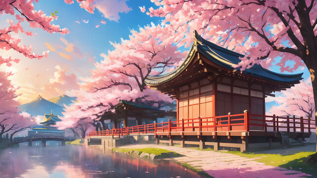 Japanese cherry blossom tree in spring landscape under blue sky