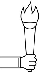 Hand holding flaming torch icon in black line art.
