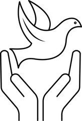 Human hand flying bird icon in black line art.