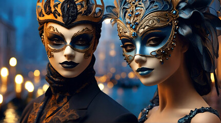 Elegant people in masquerade carnival mask at Venice C.Generative AI