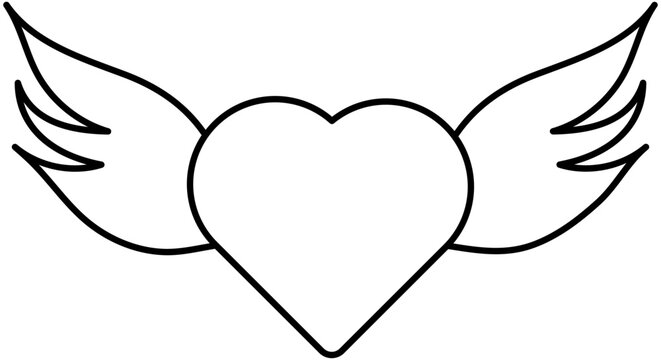 Black line art illustration of heart with wings icon.