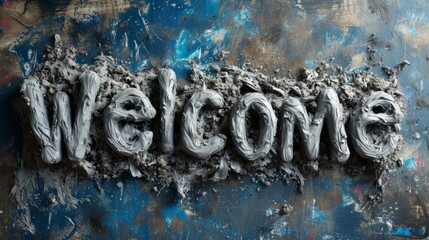 Grey Slime Welcome concept creative horizontal art poster. Photorealistic textured word Welcome on artistic background. Ai Generated Hospitality and Greetings Horizontal Illustration.