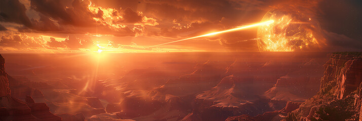 Fiery Sunset Meteorite Impact Scene Over Grand Canyon: A Vivid Orange Glow Spectacle