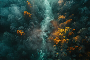 Drone shot of autumn trees and river in a forest. Created with Ai
