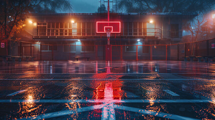 Basketball hoop in spotlight.