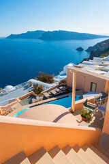 Colorful architecture in Santorini island, Greece. Luxury resort at sunset.