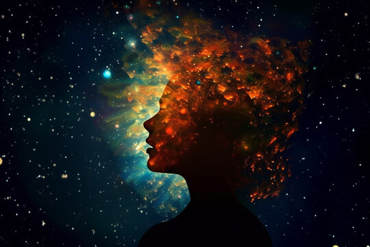 State of mind concept. Dark woman silhouette in black sky with stars background. Stargazing. Woman black silhouette in colorful cosmos background
