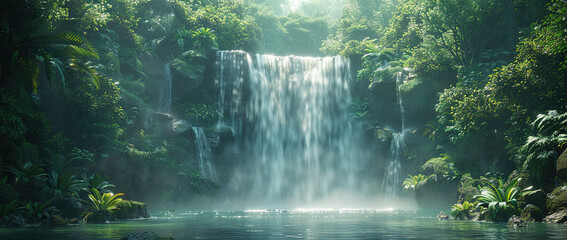 Waterfall in the dark forest, Natural image captured. Created with Ai - obrazy, fototapety, plakaty