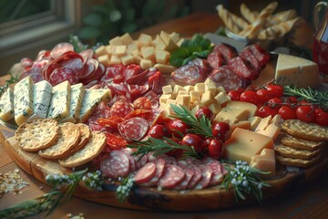 tempting charcuterie board featuring an assortment of meats, cheeses, and crackers, ready for your...