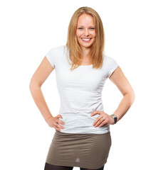 Fototapeta premium Woman, portrait and smile for fashion and confident with hands on hips with stylish clothes for trendy look. Female person, isolated and white background in studio with casual outfit and face