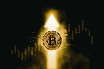 Bitcoin or cryptocurrency prices rise up positive, golden coin with up arrow chart on background