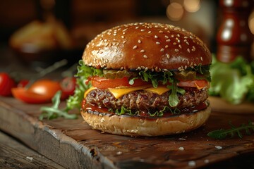 mouthwatering burger served on a rustic wooden table, offering ample space for your advertisement
